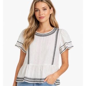 LOFT Peplum with Black Embroidered Flutter Sleeve Blouse Top SIZE XS